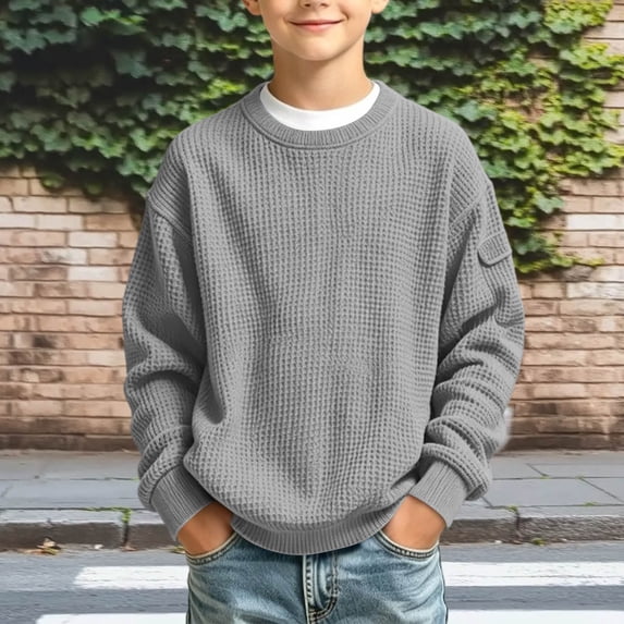 qolati Boys Waffle Knit Sweater Crew Neck Long Sleeve Pullover Shirt Soft Casual Lightweight Knit Sweater for Kids Everyday Fall Winter Sports Tops Size 5-16 Years