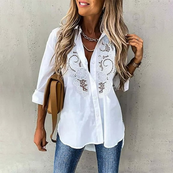 qolati Button Down Shirts for Women Long Sleeve Wrinkle Free Dress Shirts Retro Embroidered Lace Hollow Out Casual Collared Blouses Business Work Tops White XXXL