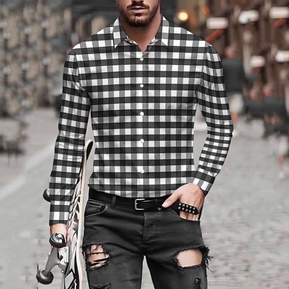 qolati Button Up Shirts for Men Classic Fit Long Sleeve Dress Work Shirts Lightweight Casual Regular Fit Fall Plaid Shirts