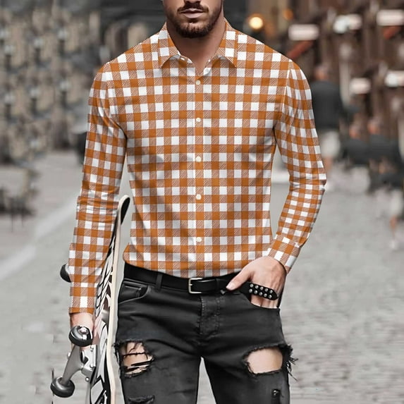 qolati Button Up Shirts for Men Classic Fit Long Sleeve Dress Work Shirts Lightweight Casual Regular Fit Fall Plaid Shirts