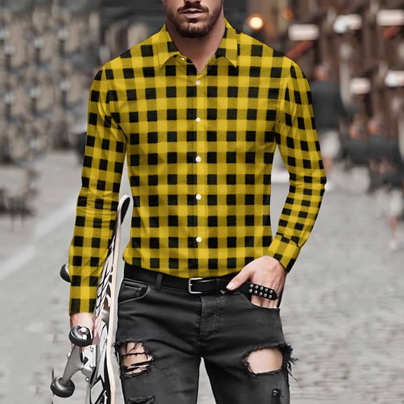 qolati Button Up Shirts for Men Classic Fit Long Sleeve Dress Work Shirts Lightweight Casual Regular Fit Fall Plaid Shirts