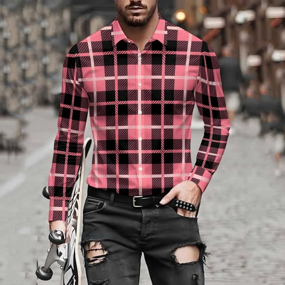qolati Button Up Shirts for Men Classic Fit Long Sleeve Dress Work Shirts Lightweight Casual Regular Fit Fall Plaid Shirts