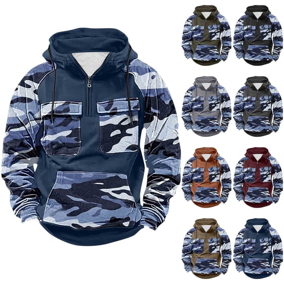 qolati Camouflage Hoodies for Men Color Block Lightweight Quater Zip Pullover Tops Vintage Sweatshirt Casual Long Sleeve Cargo Hoodies with Pockets Khaki L