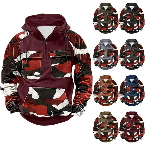 qolati Camouflage Hoodies for Men Color Block Lightweight Quater Zip Pullover Tops Vintage Sweatshirt Casual Long Sleeve Cargo Hoodies with Pockets Khaki XL