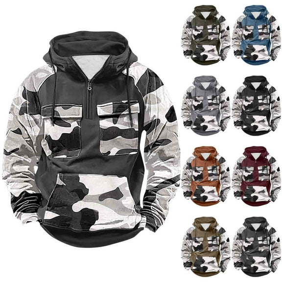 qolati Camouflage Hoodies for Men Color Block Lightweight Quater Zip Pullover Tops Vintage Sweatshirt Casual Long Sleeve Cargo Hoodies with Pockets Wine XL