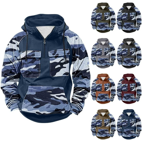 qolati Camouflage Hoodies for Men Color Block Lightweight Quater Zip Pullover Tops Vintage Sweatshirt Casual Long Sleeve Cargo Hoodies with Pockets XL