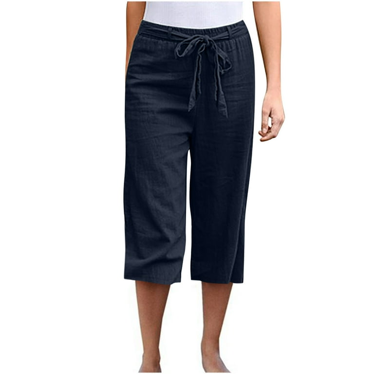 qolati Capri Pants for Women Casual 2023 Summer Drawstring Elastic High  Waist Linen Sweatpants Straight Wide Leg Cropped Trousers