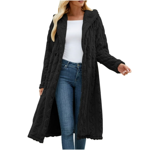 qolati Cardigan Sweaters for Women with Hooded Open Front Cardigans Jackets Chunky Cable Knit Long Trench Coat Outwear