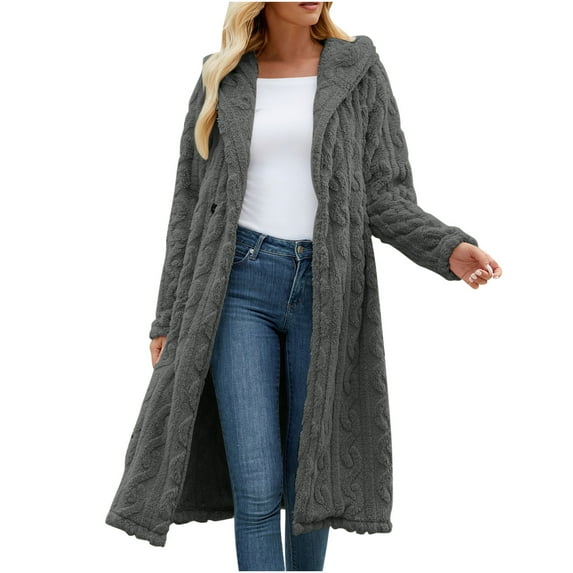 qolati Cardigan Sweaters for Women with Hooded Open Front Cardigans Jackets Chunky Cable Knit Long Trench Coat Outwear