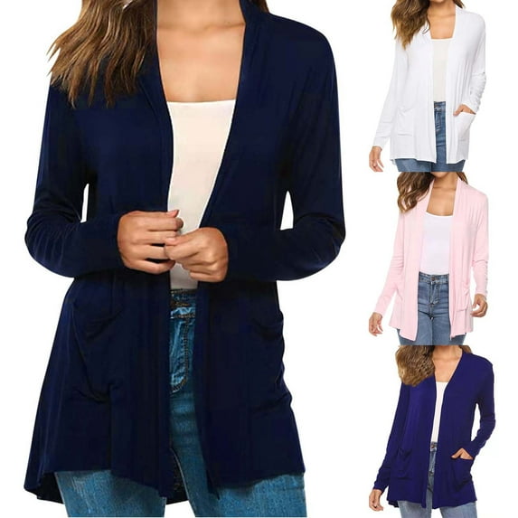 qolati Cardigans for Women 2023 Solid Color Long Sleeve Cardigan Outwear Lightweight Casual Open Front Blouse Tops Jackets with Pockets
