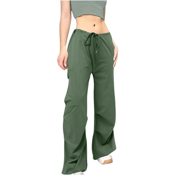 qolati Cargo Pants Women Baggy Low Waist Y2k Parachute Pants with Pockets Casual Sports Workout Jogger 2024
