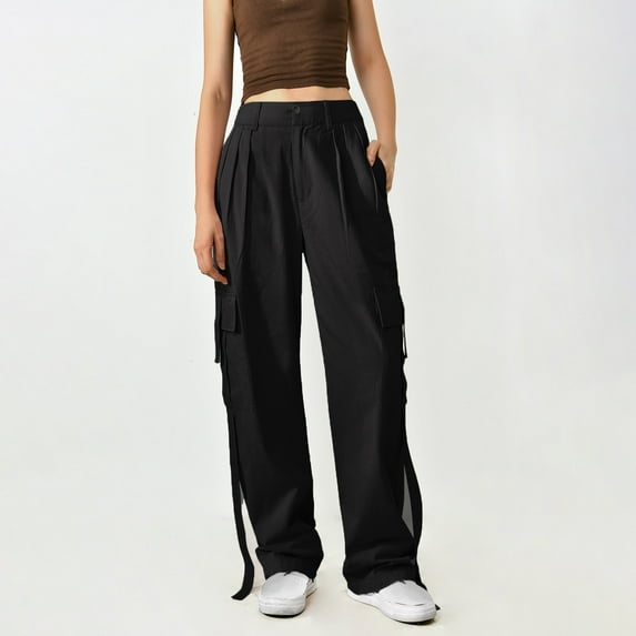 qolati Cargo Pants Women Y2k High Waist Front Ruched Parachute Pants Straight Wide Leg Baggy Pants with Multiple Pockets