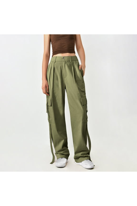 Cargo Pants Women Y2k High Waist Front Ruched Parachute Pants Straight Wide Leg Baggy Pants with Multiple Pockets