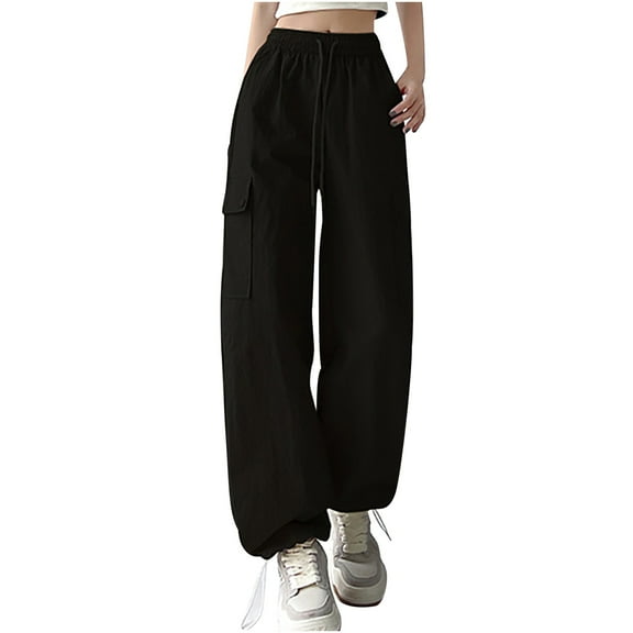 qolati Cargo Pants for Women Baggy Parachute Pants High Waisted Loose Y2k Drawstring Jogger Sweatpants with Pockets Black L 8