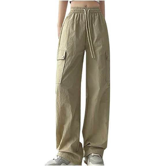 qolati Cargo Pants for Women Baggy Parachute Pants High Waisted Loose Y2k Drawstring Jogger Sweatpants with Pockets Khaki S 4