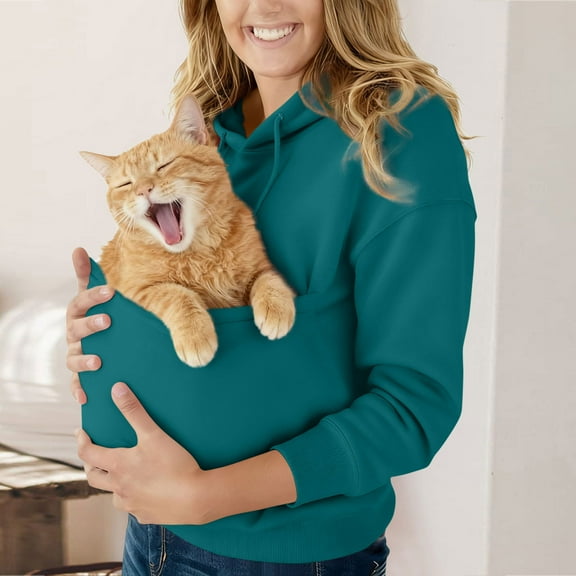 qolati Cats Pouch Hoodie for Women Kangars Pocket Dogs Pouch Sweatshirts Trendy Hoodies Pullover Fall Winter Long Sleeve Tops XXL