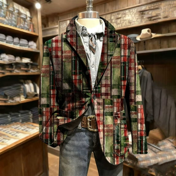 qolati Christmas Blazer for Men Vintage Corduroy Suit Jacket Xmas Graphic One Button Holiday Party Jackets Work Blazers with Pockets Coffee L