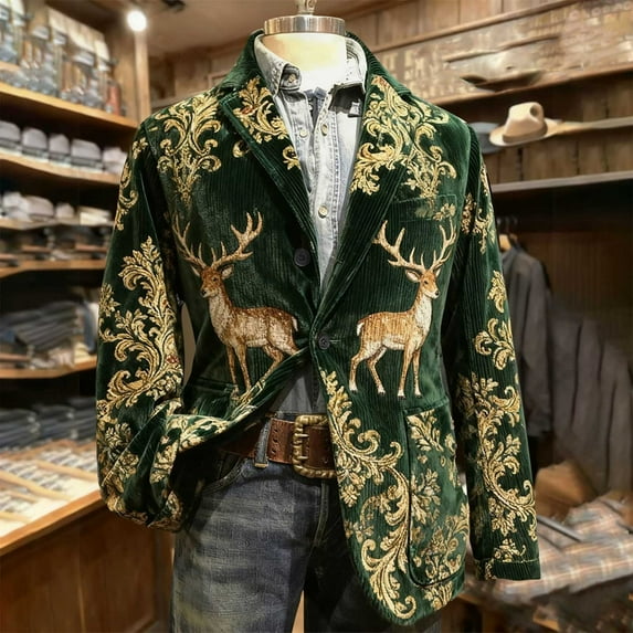 qolati Christmas Blazer for Men Vintage Corduroy Suit Jacket Xmas Graphic One Button Holiday Party Jackets Work Blazers with Pockets Green XL