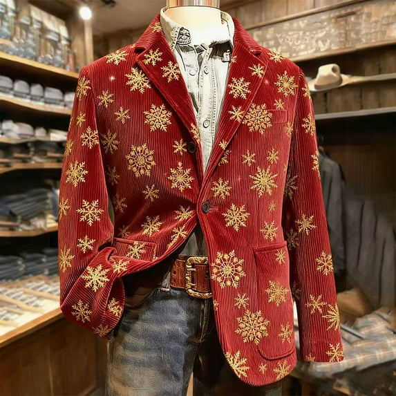 qolati Christmas Blazer for Men Vintage Corduroy Suit Jacket Xmas Graphic One Button Holiday Party Jackets Work Blazers with Pockets Red L
