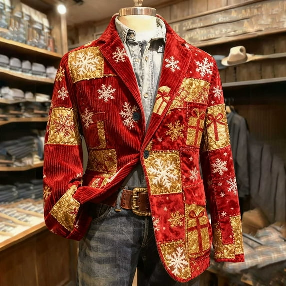 qolati Christmas Blazer for Men Vintage Corduroy Suit Jacket Xmas Graphic One Button Holiday Party Jackets Work Blazers with Pockets Red L
