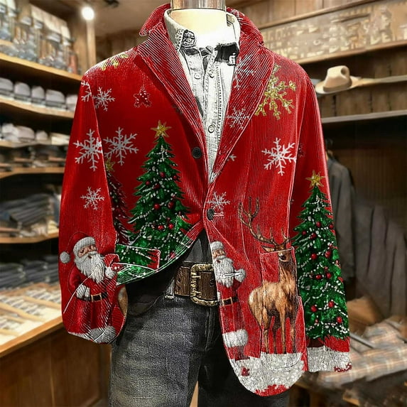qolati Christmas Blazer for Men Vintage Corduroy Suit Jacket Xmas Graphic One Button Holiday Party Jackets Work Blazers with Pockets Red XL