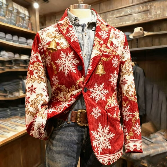 qolati Christmas Blazer for Men Vintage Corduroy Suit Jacket Xmas Graphic One Button Holiday Party Jackets Work Blazers with Pockets Red XL