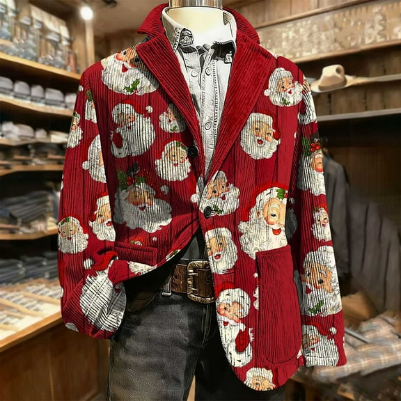qolati Christmas Blazer for Men Vintage Corduroy Suit Jacket Xmas Graphic One Button Holiday Party Jackets Work Blazers with Pockets Red XL