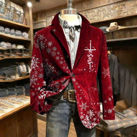 qolati Christmas Blazer for Men Vintage Corduroy Suit Jacket Xmas Graphic One Button Holiday Party Jackets Work Blazers with Pockets Red XXXXL