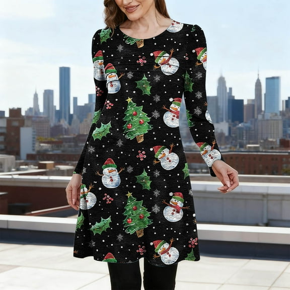 qolati Christmas Dresses for Women Long Sleeve Crew Neck Plaid T Shirt Dress Xmas Tree Graphic Flare Fall Mini Dresses Black M