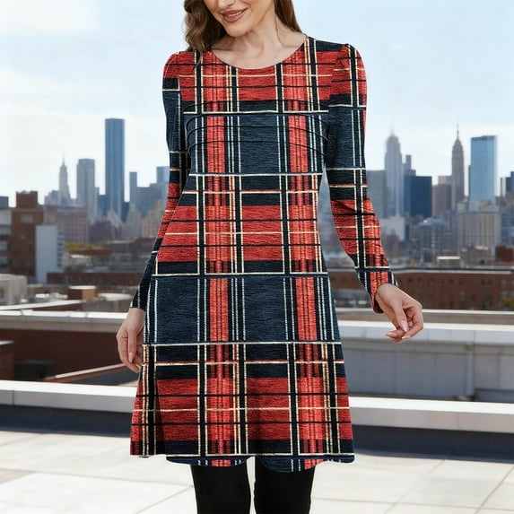 qolati Christmas Dresses for Women Long Sleeve Crew Neck Plaid T Shirt Dress Xmas Tree Graphic Flare Fall Mini Dresses Red S