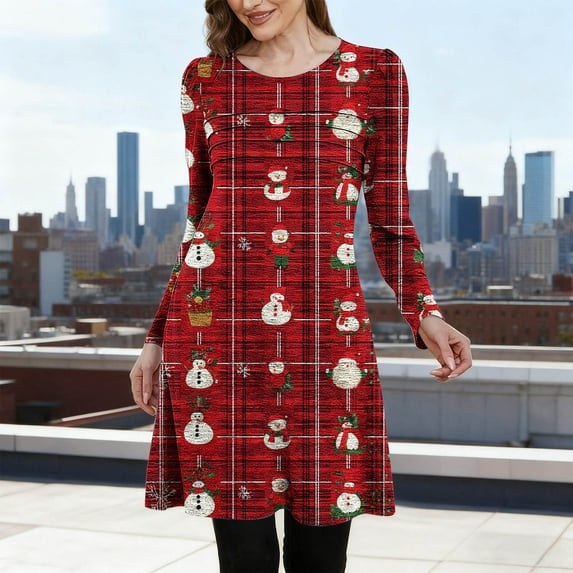 qolati Christmas Dresses for Women Long Sleeve Crew Neck Plaid T Shirt Dress Xmas Tree Graphic Flare Fall Mini Dresses Red L