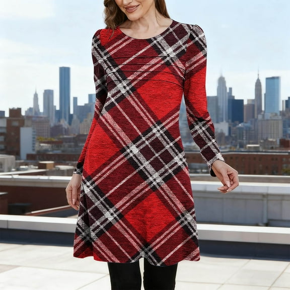 qolati Christmas Dresses for Women Long Sleeve Crew Neck Plaid T Shirt Dress Xmas Tree Graphic Flare Fall Mini Dresses Red M