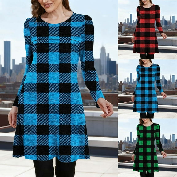 qolati Christmas Dresses for Women Long Sleeve Crew Neck Plaid T Shirt Dress Xmas Tree Graphic Flare Fall Mini Dresses Red M