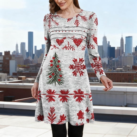 qolati Christmas Dresses for Women Long Sleeve Crew Neck Plaid T Shirt Dress Xmas Tree Graphic Flare Fall Mini Dresses White M