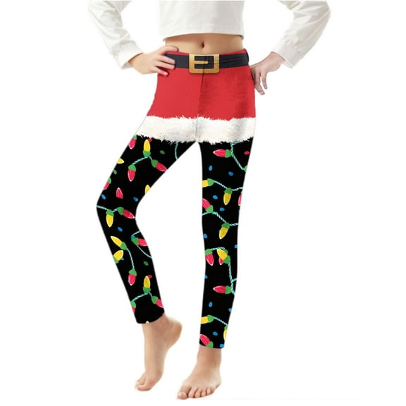 qolati Christmas Leggings for Girls Xmas High Waist Yoga Pants Striped Reindeer Sknowflake Printed Holiday Tights