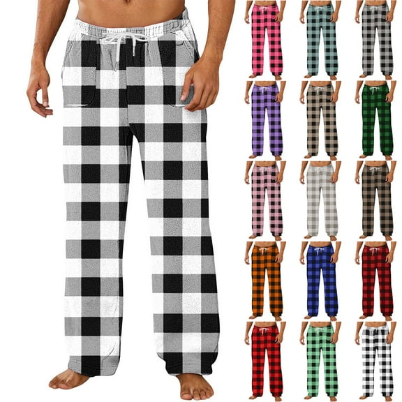 qolati Christmas Pajama Pants for Men Flannel Buffalo Plaid Comfy Lounge Pants Winter Warm Fleece PJs Bottoms with Pockets Drawstring Black XXXL