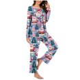 thumbnail image 1 of qolati Christmas Pajamas for Women Set 2 Piece Lounge Outfits Cute Santa Claus Print Long Sleeve Half Button Henley Pleated Sleepwear Long Pant Pjs Sets Purple XXXL, 1 of 5