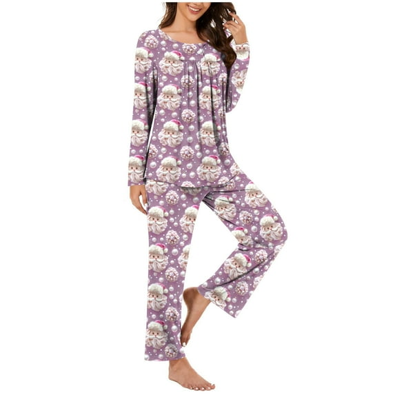 qolati Christmas Pajamas for Women Set 2 Piece Lounge Outfits Cute Santa Claus Print Long Sleeve Half Button Henley Pleated Sleepwear Long Pant Pjs Sets Purple XXL