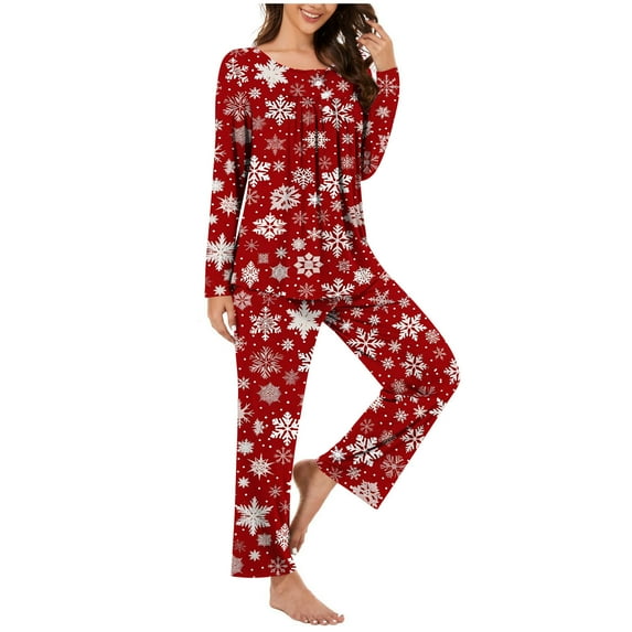 qolati Christmas Pajamas for Women Set 2 Piece Lounge Outfits Cute Santa Claus Print Long Sleeve Half Button Henley Pleated Sleepwear Long Pant Pjs Sets Red XL