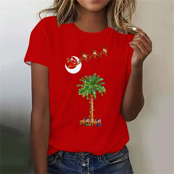 qolati Christmas Palm Tree Shirt for Women Novelty Merry Christmas Xmas Holiday Tunic Blouse Hawaiian Beach Short Sleeve Shirt Top