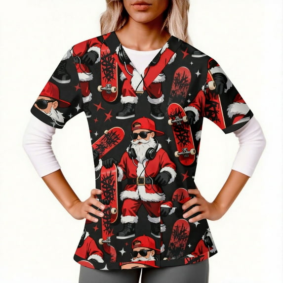 qolati Christmas Scrub Tops Women Oversized Snowflake V Neck Short Sleeve T Shirts Casual Nursing Work Shirts Xmas Print Holiday Tops with Pockets