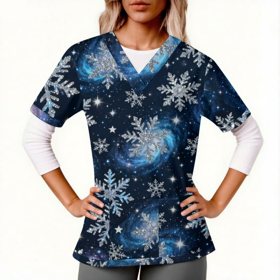 qolati Christmas Scrub Tops Women Oversized Snowflake V Neck Short Sleeve T Shirts Casual Nursing Work Shirts Xmas Print Holiday Tops with Pockets
