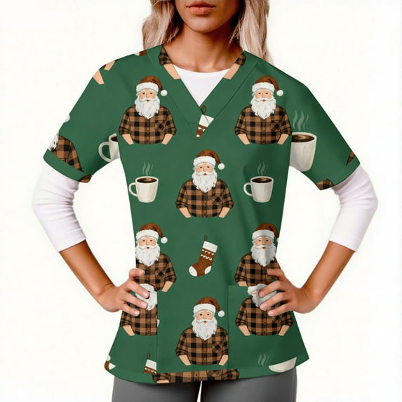 qolati Christmas Scrub Tops Women Oversized Snowflake V Neck Short Sleeve T Shirts Casual Nursing Work Shirts Xmas Print Holiday Tops with Pockets