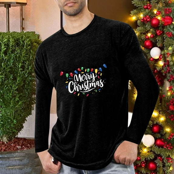qolati Christmas Shirts for Men Merry Christmas Letter Print Crewneck T-Shirts Xmas Tree Santa Graphic Holiday Vacation Long Sleeve Blouse Tops Black M