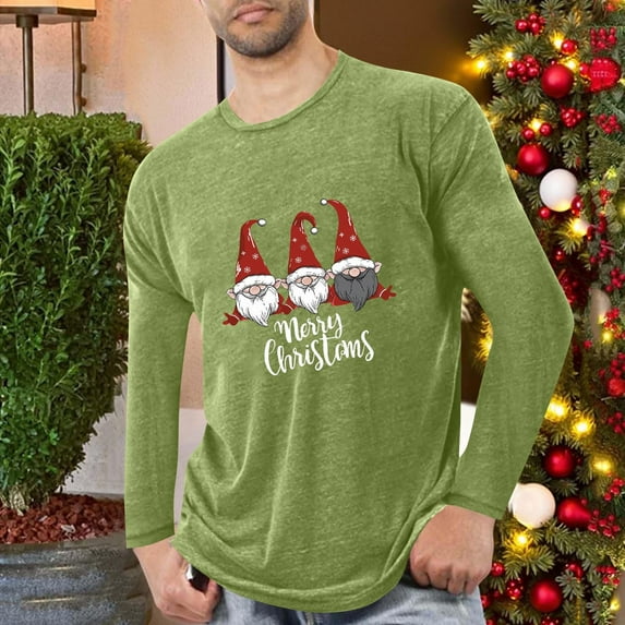 qolati Christmas Shirts for Men Merry Christmas Letter Print Crewneck T-Shirts Xmas Tree Santa Graphic Holiday Vacation Long Sleeve Blouse Tops Green XL