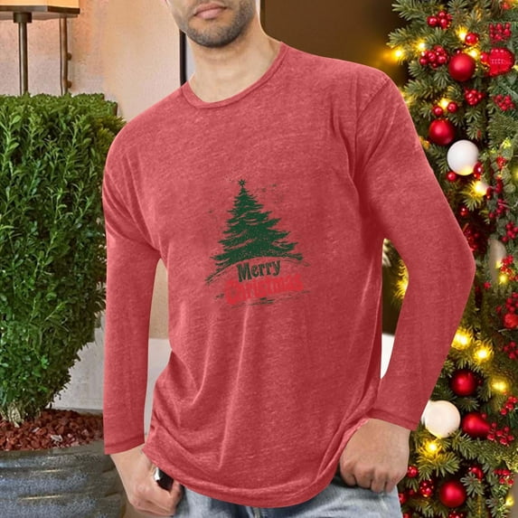 qolati Christmas Shirts for Men Merry Christmas Letter Print Crewneck T-Shirts Xmas Tree Santa Graphic Holiday Vacation Long Sleeve Blouse Tops Red XL
