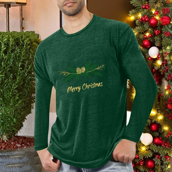 qolati Christmas Shirts for Men Merry Christmas Letter Print Crewneck T-Shirts Xmas Tree Santa Graphic Holiday Vacation Long Sleeve Blouse Tops L
