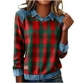 thumbnail image 1 of qolati Christmas Shirts for Women Casual Lapel Denim Stitching Plaid Print Xmas Holidays Tops Santa Claus Graphic Pullover Sweatshirt, 1 of 5