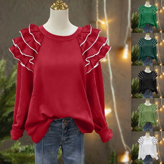 qolati Christmas Shirts for Women Crewneck Sweatshirts Puffy Sleeve Blouses Dressy Casual Long Sleeve Tunic Tops with Smocked Cuffs S