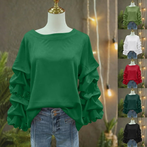 qolati Christmas Shirts for Women Crewneck Sweatshirts Puffy Sleeve Blouses Dressy Casual Long Sleeve Tunic Tops with Smocked Cuffs XXL